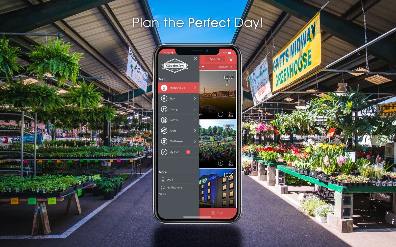 The Charleston Guide app in front of a greenhouse.