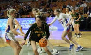 Girls basketball players at the state tournament